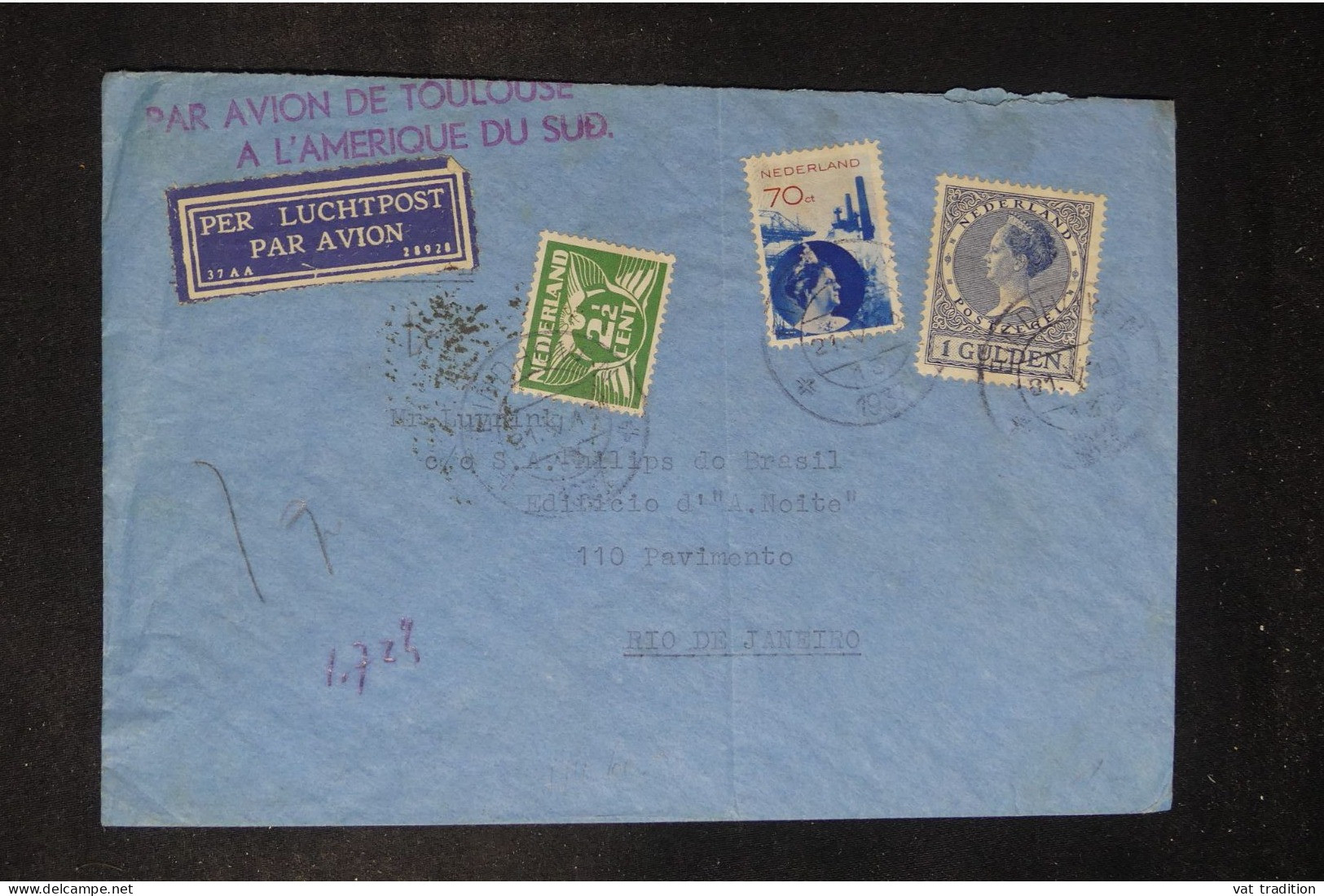 PAYS BAS - Enveloppe Pour Rio De Janeiro Par Avion En 1937 - Toulouse > Amsud - L 151067 - Cartas & Documentos