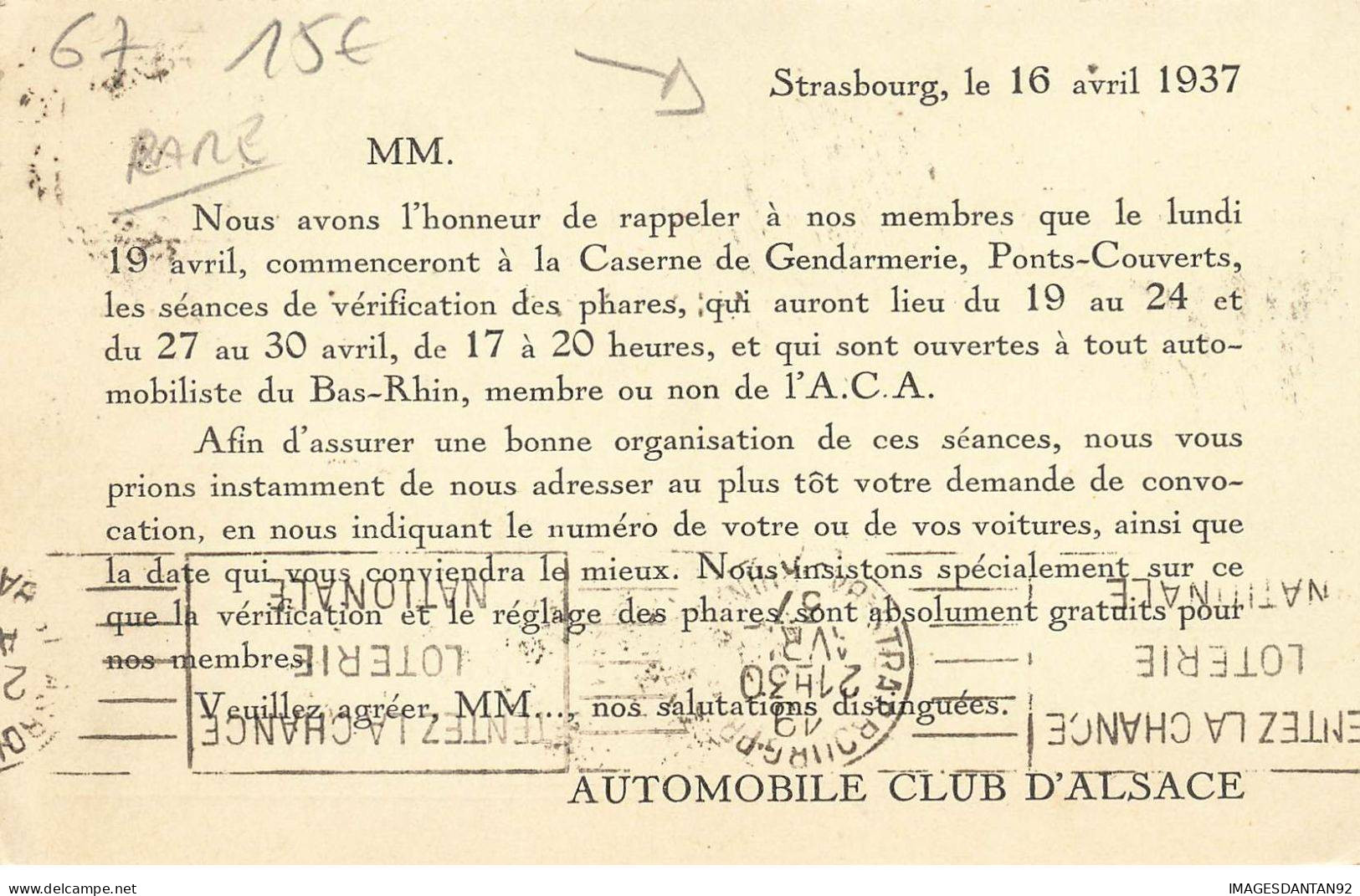 67 STRASBOURG #FG55030 AUTOMOBILE CLUB D ALSACE CARTE PUBLICITAIRE - Straatsburg