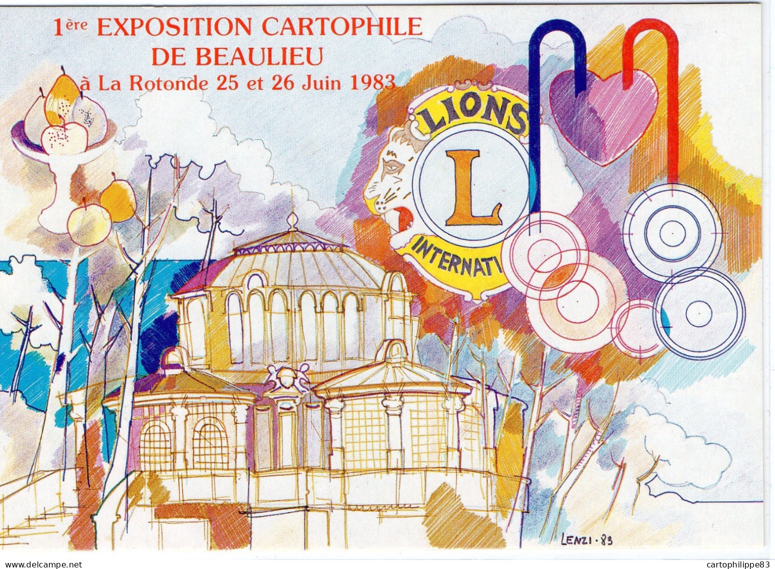 ILLUSTRATEUR MARC LENZI  EXPO CARTOPHILE À BEAULIEU 1983 AVEC LE CLUB CARTOPHILE DE NICE ET LE LIONS CLUB - Lenzi