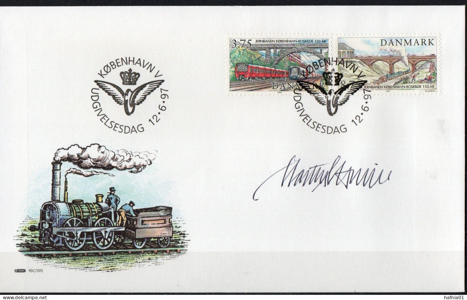 Martin Mörck. Denmark 1997. 150 Anniv Railway Connection Copenhagen - Roskilde. Michel 1155 - 1156 FDC. Signed. - FDC