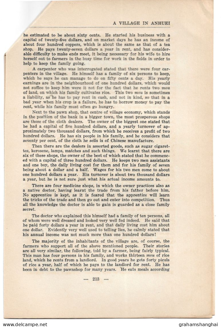 Magazine Article 'China Journal' 1936 "A Village In Anhuei" By Rewi Alley Anhui Province Chinese Rural Life 中国安徽 - Geschichte