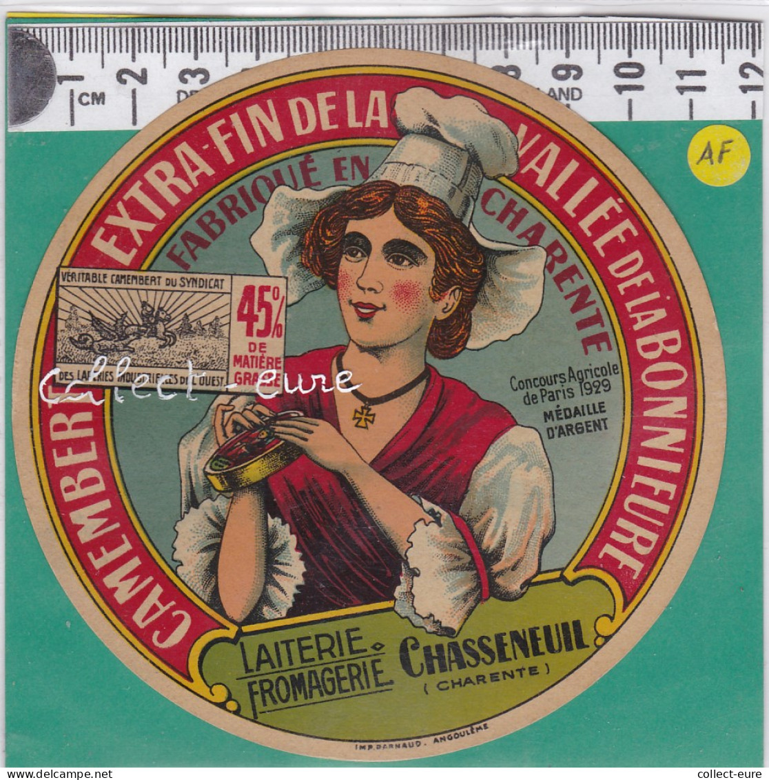 C905 FROMAGE CAMEMBERT VALLEE DE LA BONNIEURE CHASSENEUIL  PARIS 1929 CHARENTE  - Fromage