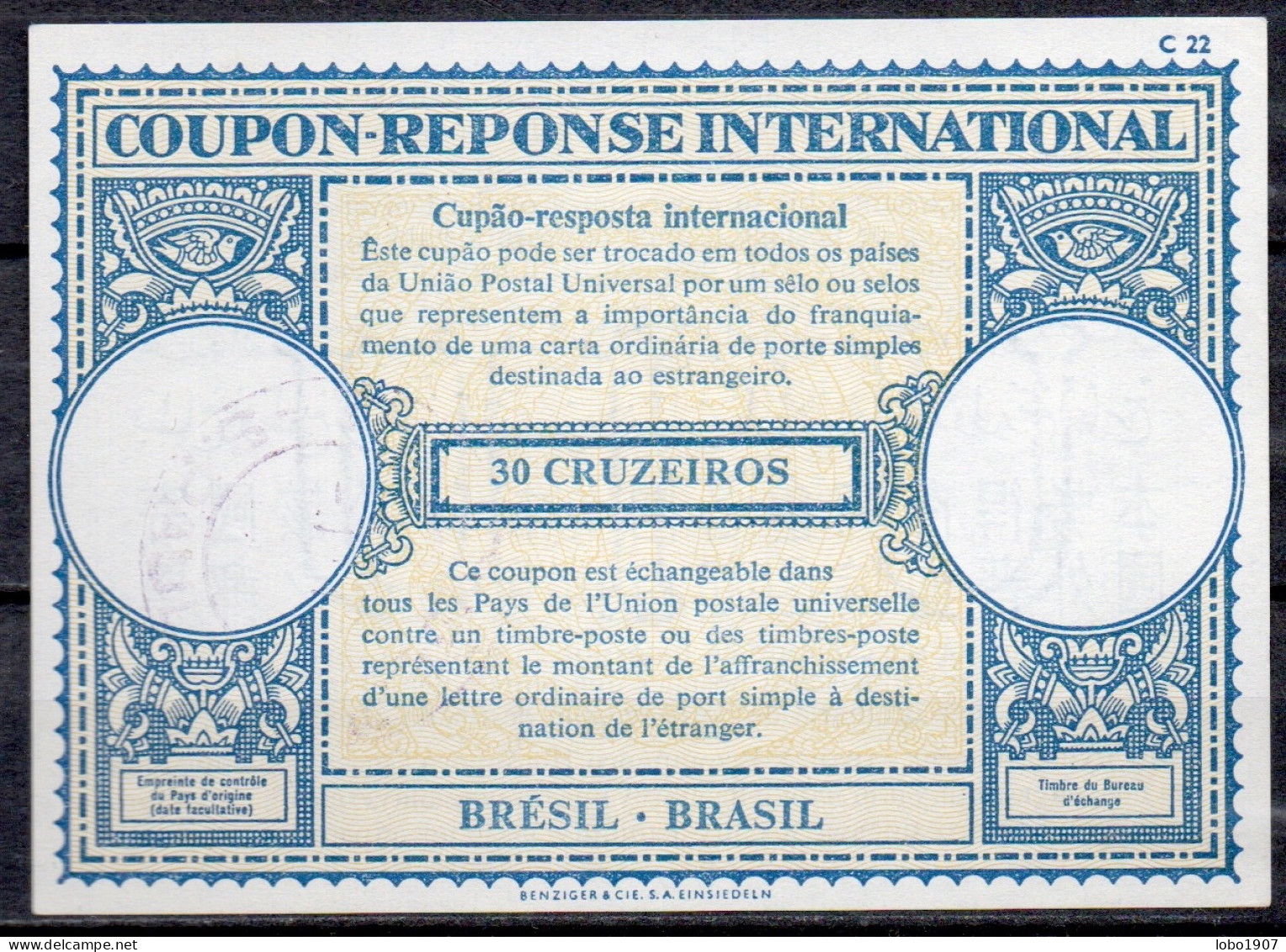 BRÉSIL BRAZIL  Lo17  30 CRUZEIROS International Reply Coupon Reponse Antwortschein IRC IAS O - Postwaardestukken