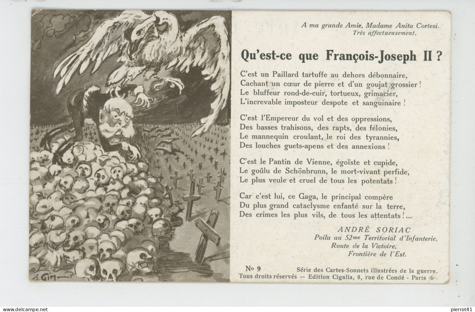 GUERRE 1914-18 - Série Cartes Sonnets ANDRÉ SORIAC Poilu Au 277ème D'Infanterie- N° 9 -"Qu'est Ce Que FRANCOIS JOSEPH II - War 1914-18