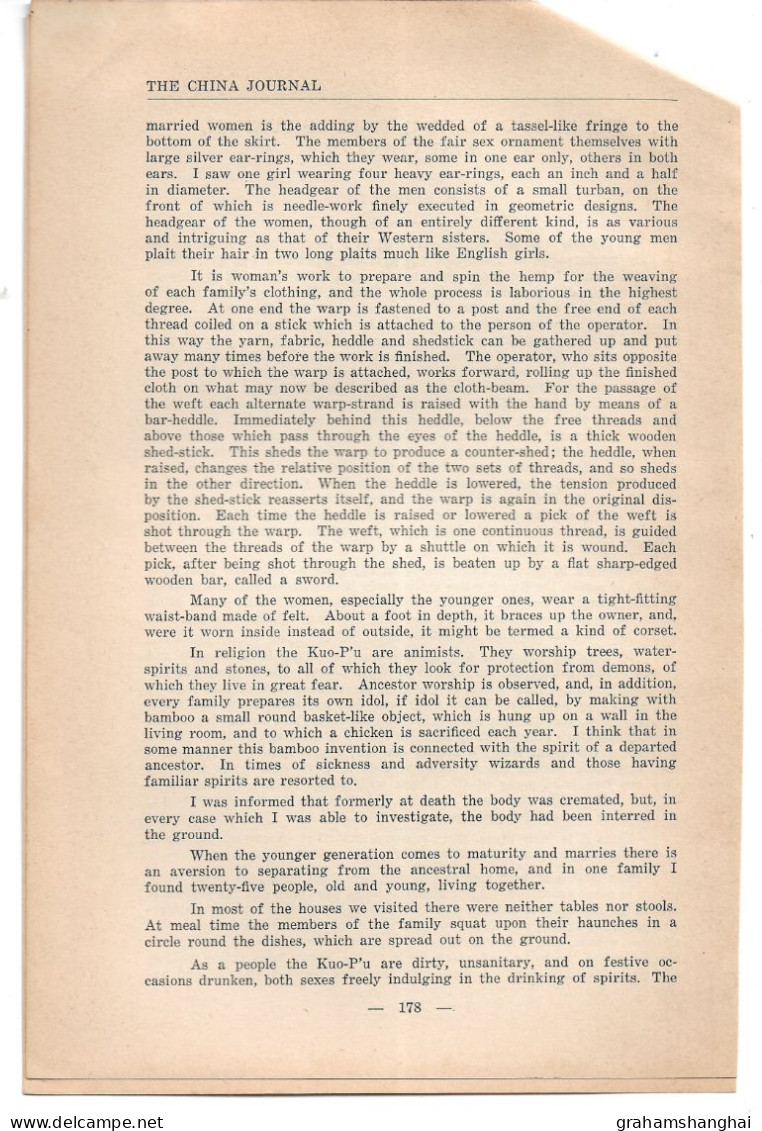 Magazine Article 'China Journal' 1937 "The Kuo-P'u (Kang-I) Tribe Of Yunnan..." Ethnic Minorities 中国 云南 - Geschiedenis