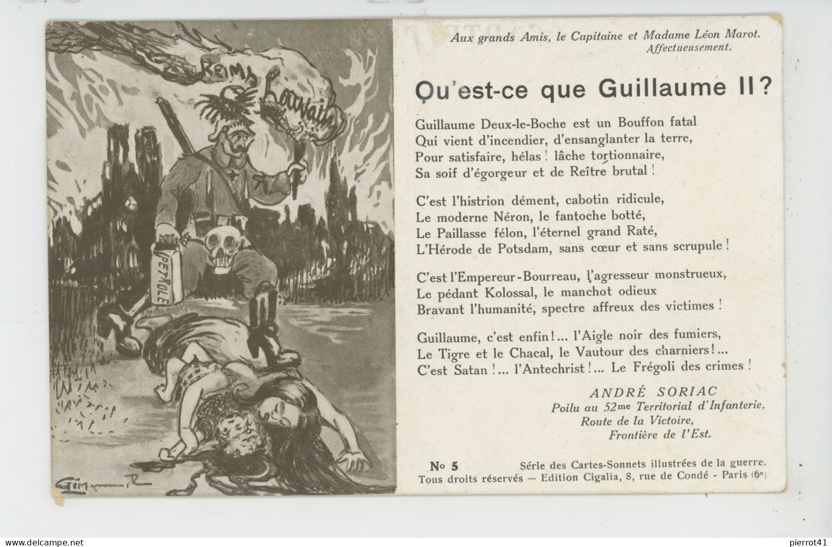 GUERRE 1914-18 - Série Des Cartes Sonnets ANDRÉ SORIAC Poilu Au 277ème D'Infanterie - N°5 -" Qu'est Ce Que GUILLAUME II" - War 1914-18