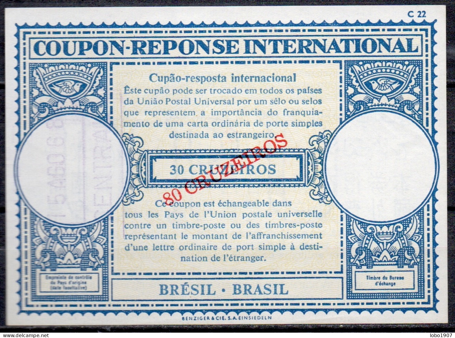 BRÉSIL BRAZIL  Lo17  80 CRUZEIROS / 30 CRUZEIROS International Reply Coupon Reponse Antwortschein IRC IAS O CENTRAL 15.0 - Entiers Postaux