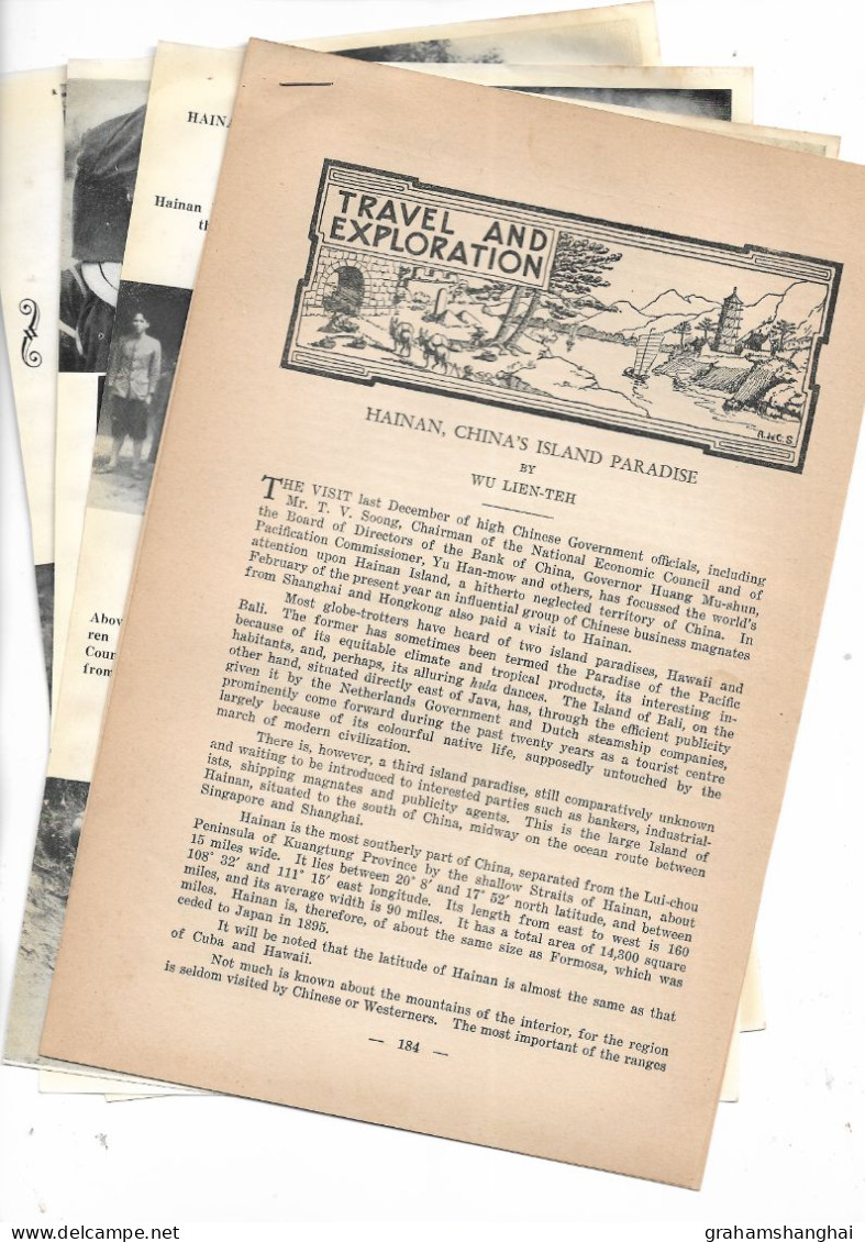 Magazine Article 'China Journal' 1937 "Hainan, China's Island Paradise" Travel Tourism Ethnic Minorities 中国海南 - History