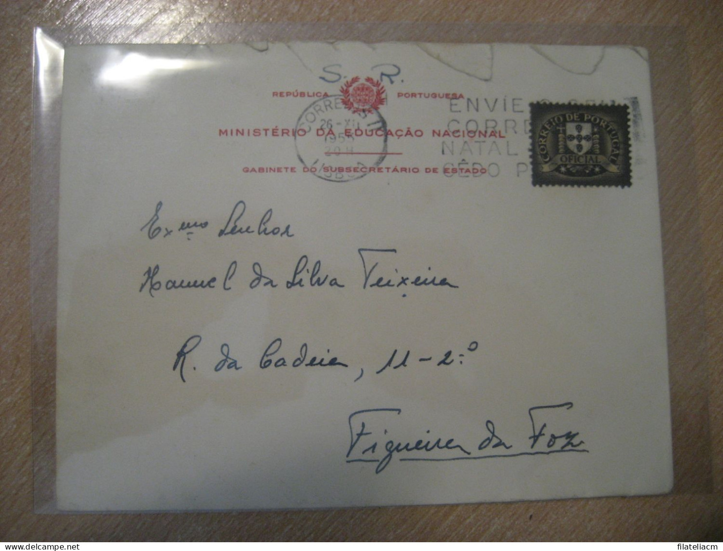 LISBOA 1955 To Figueira Da Foz Cancel Ministerio Da Educaçao Nacional Damaged Cover PORTUGAL - Covers & Documents