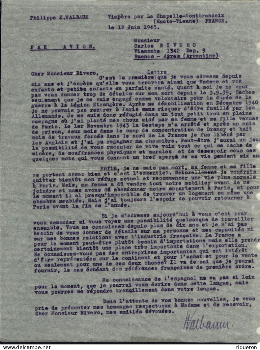 Lettre Rec. De Vimpère Pour Buenos Aires 14/6/1945. Contrôle Censure. Inconnu, Refusée, Retour. Lettre Intéressante. - Guerre De 1939-45