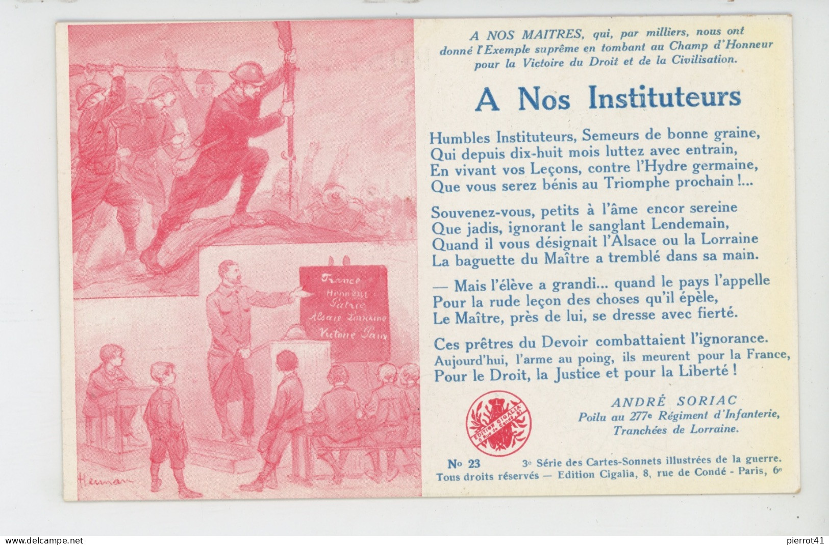 GUERRE 1914-18 - Série Des Cartes Sonnets ANDRÉ SORIAC Poilu Au 277ème D'Infanterie- N° 23 - "A Nos Instituteurs " - War 1914-18