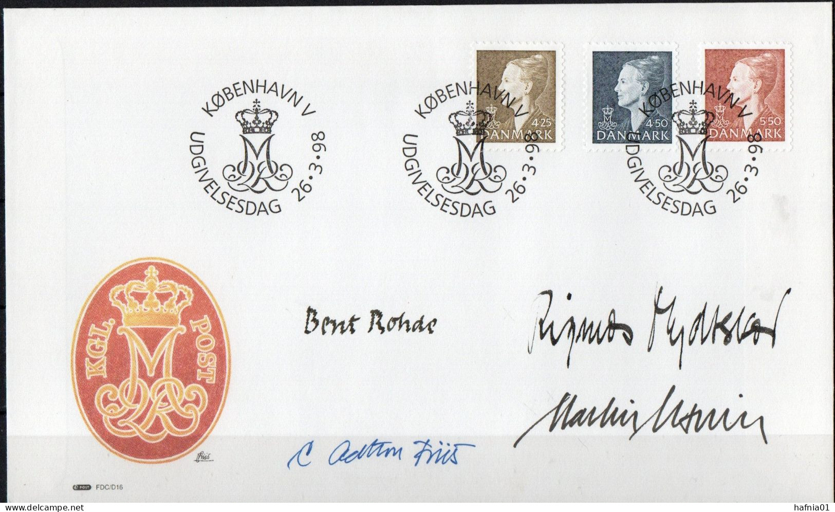 Martin Mörck. Denmark 1998. Queen Margrethe II. Michel 1176 - 1178 FDC. Signed. - FDC