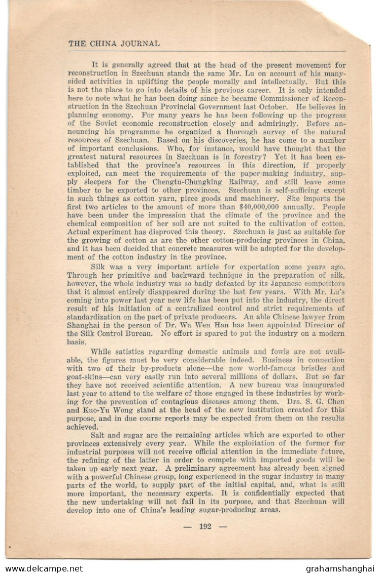 Magazine Article 'China Journal' 1937 "Wheels Of Progress Move At Full Speed In Szechuan" Sichuan Industry 中国四川 - History