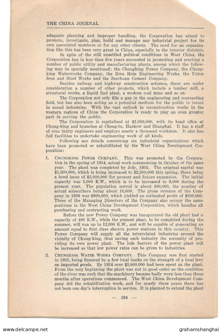 Magazine Article 'China Journal' 1937 "Wheels Of Progress Move At Full Speed In Szechuan" Sichuan Industry 中国四川 - Storia