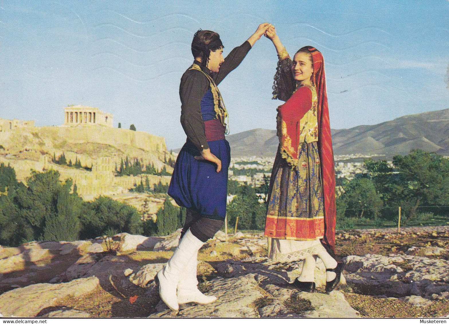 Greece PPC Greek Costumes Traditional Dresses Crete & Skyros ATHINAI HILTON 1977 Amager Denmark (2 Scans) - Grèce