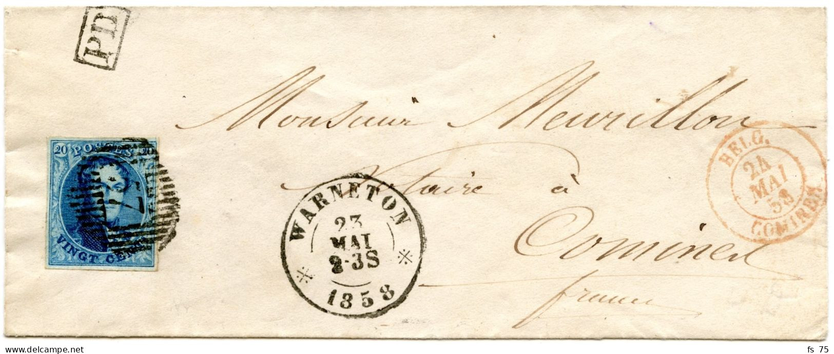 BELGIQUE - 20C MEDAILLON MARGE D57 WARNETON SUR LETTRE FRONTALIERE POUR COMINES AVEC RARE ENTREE BELG. COMINES, 1858 - 1858-1862 Medallones (9/12)