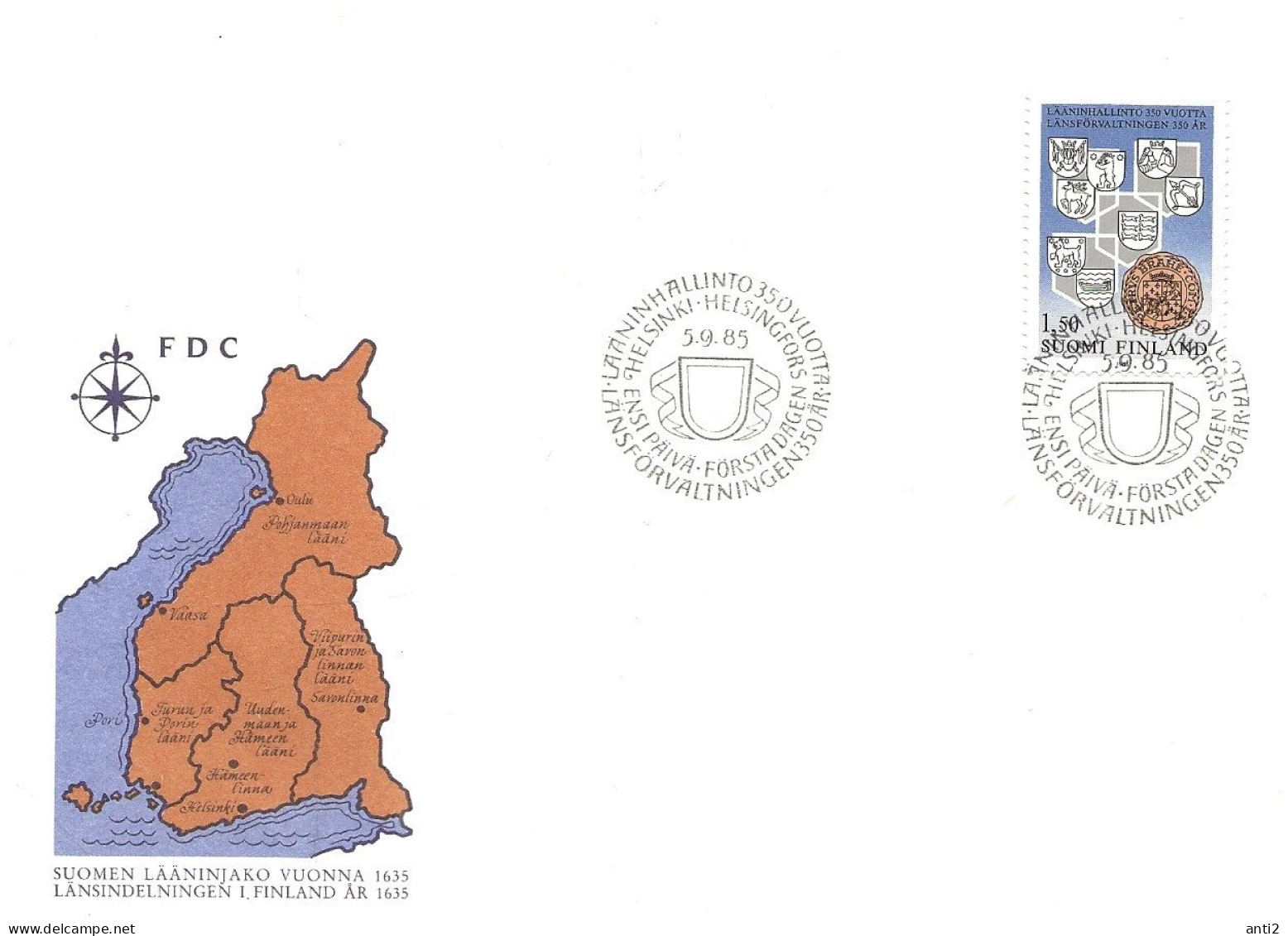 Finland   1985 350th Anniversary Of District Administration In Finland, Coat Of Arms Of The Provinces; Seal Mi 971 FDC - Storia Postale