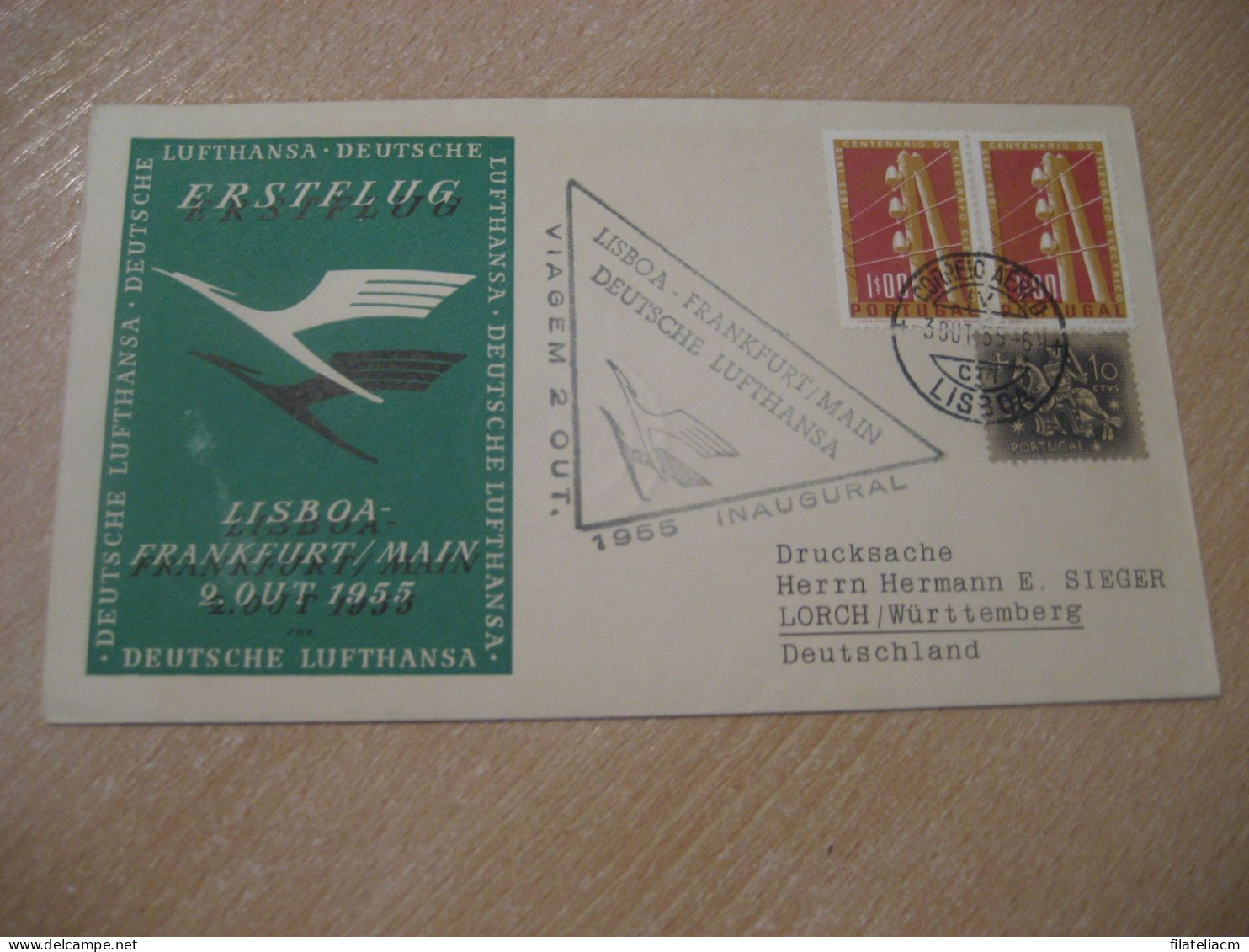 LISBOA - FRANKFURT 1955 To Lorch First Flight Inaugural Lufthansa Cancel Cover PORTUGAL GERMANY - Storia Postale