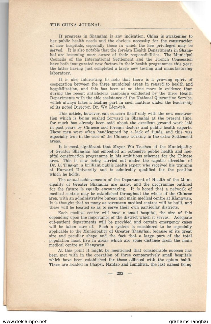 Magazine Article 'China Journal' 1936 "Medical Progress In Shanghai" Chinese Medicine Hospitals Public Health 中国上海 - Histoire