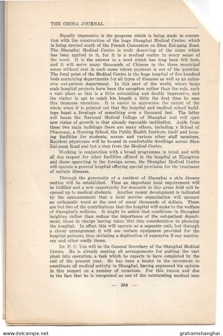 Magazine Article 'China Journal' 1936 "Medical Progress In Shanghai" Chinese Medicine Hospitals Public Health 中国上海 - Historia