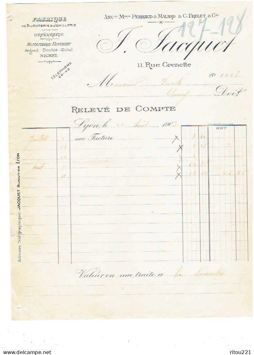 Lot 10 -- Facture Bijouterie Joaillerie F. JACQUET Rue Grenette LYON - 1903 - Mandat Timbre Société Générale - Old Professions