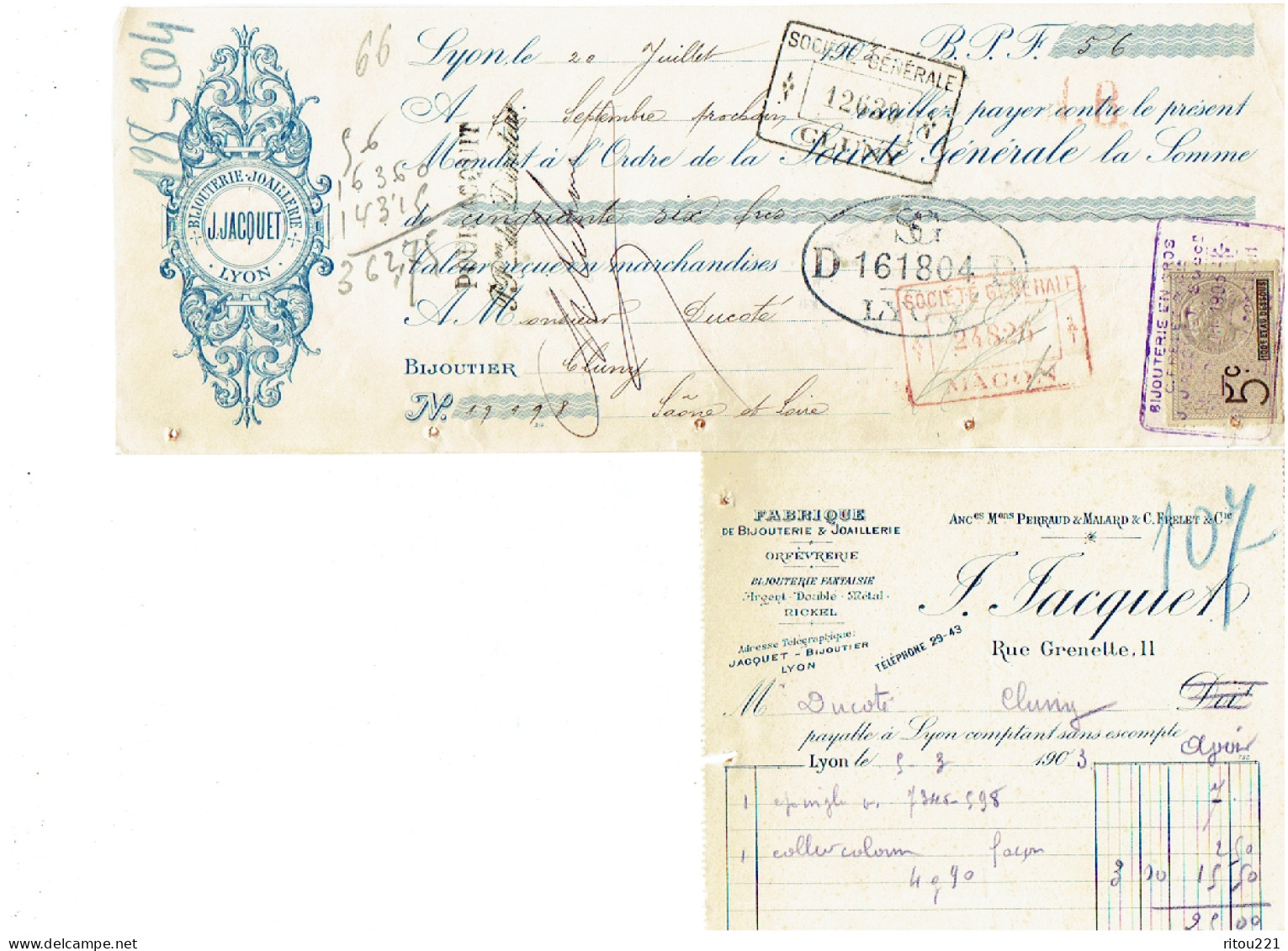 lot 10 -- Facture Bijouterie Joaillerie F. JACQUET rue Grenette LYON - 1903 - mandat timbre Société Générale