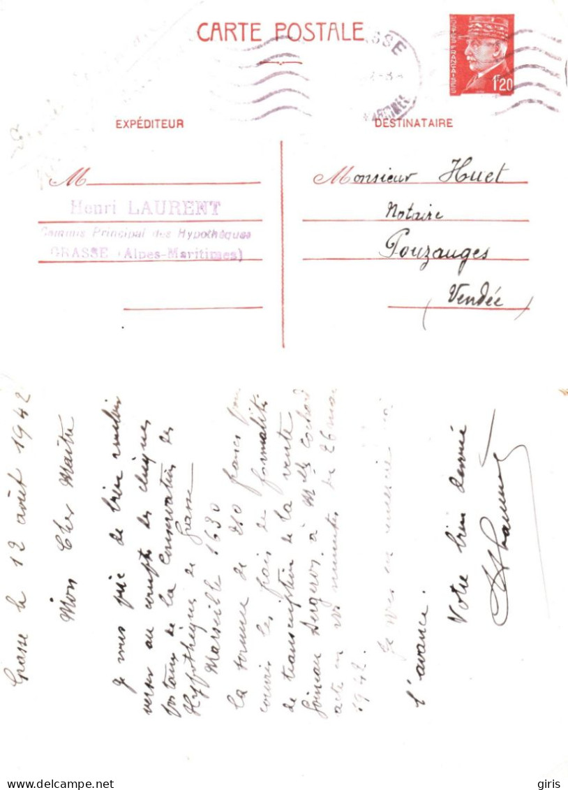 France - Obl Grasse 1942 - Sur Entier Postal Type Pétain 1f20 - Repiquage Henri Laurent Grasse - Cartes Postales Repiquages (avant 1995)