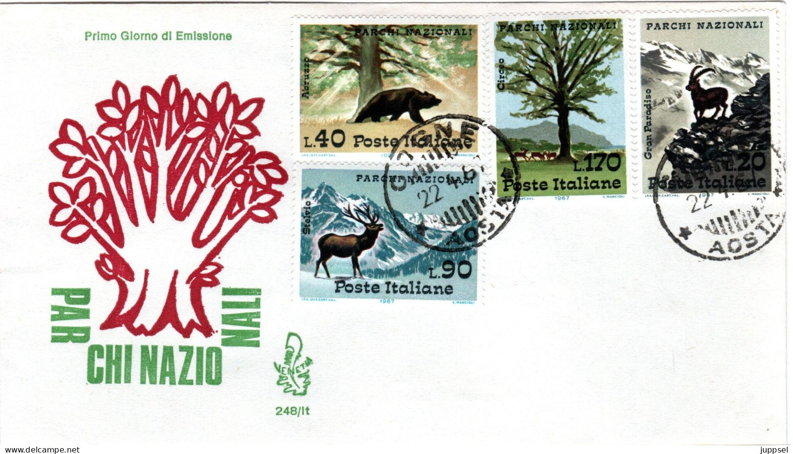 ITALY  FDC, Deer, Brown Bear, Ibex    /   ITALIE  Lettre De Première Jour, L`ours Brun, Cerf, Ibex   -  1967 - Altri & Non Classificati