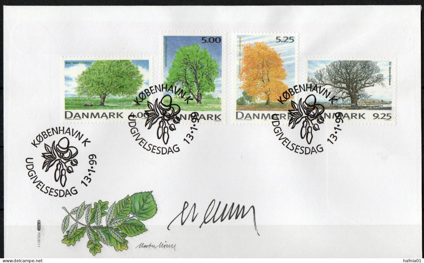 Martin Mörck. Denmark 1999. Native Trees. Michel 1199 - 1202 FDC. Signed. - FDC