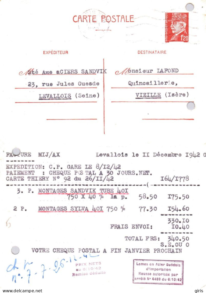 France - Obl Paris XVII 1942 - Sur Entier Postal Type Pétain 1f20 - Repiquage Lames En Acier Suédois - Cartes Postales Repiquages (avant 1995)