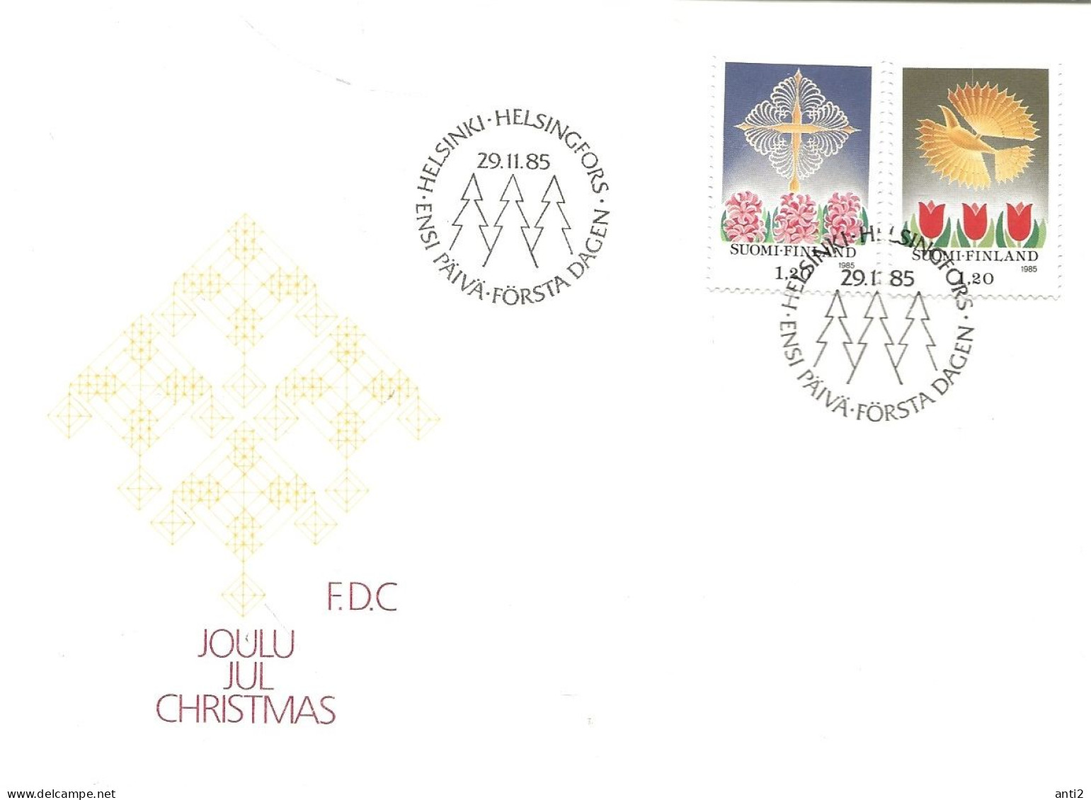 Finland   1985 Christmas, T. Thomas Cross, Hyacinths  And Christmas Bird, Tulips  Mi 979-980 FDC - Briefe U. Dokumente