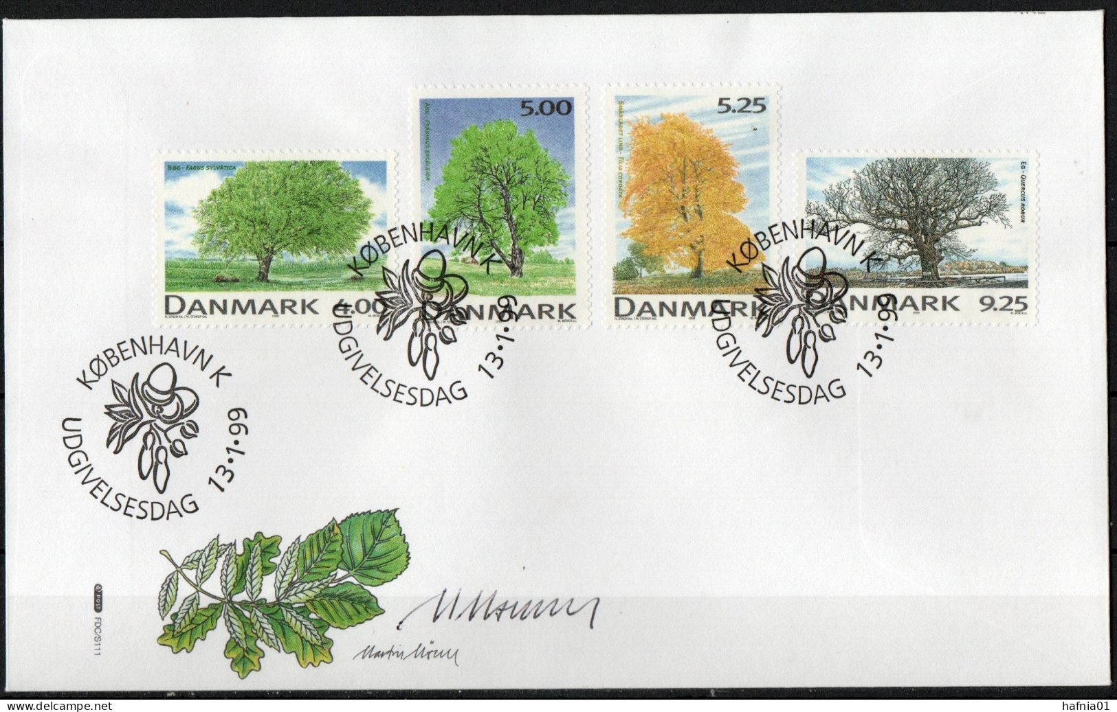 Martin Mörck. Denmark 1999. Native Trees. Michel 1199 - 1202 FDC. Signed. - FDC