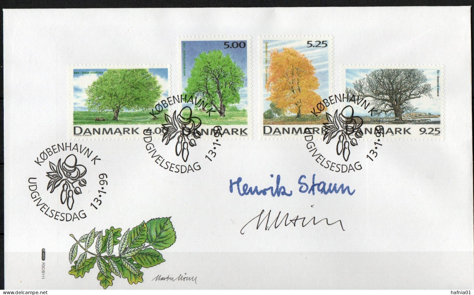 Martin Mörck. Denmark 1999. Native Trees. Michel 1199 - 1202 FDC. Signed. - FDC