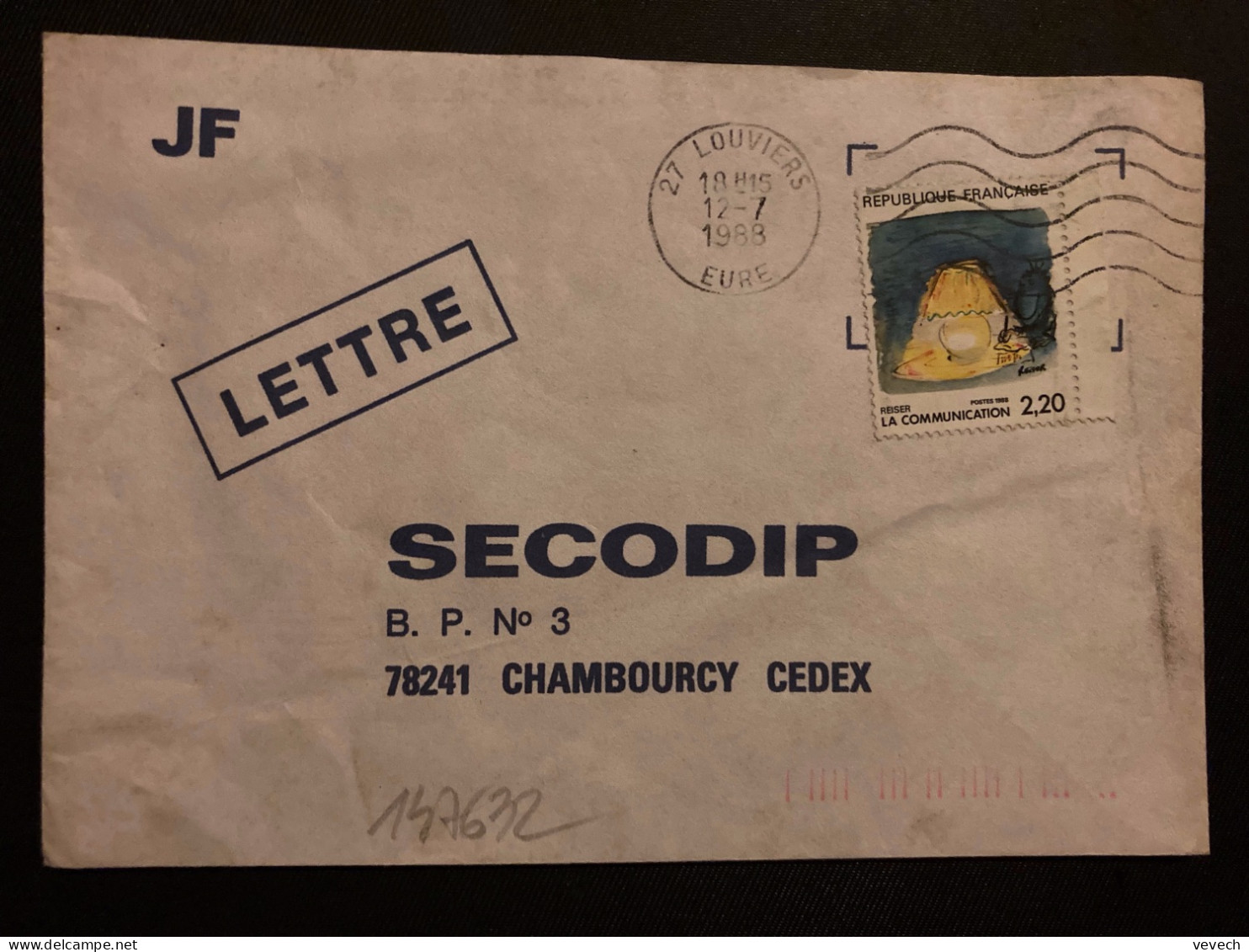 LETTRE TP YT 2504 LA COMMUNICATION 2,20 OBL.MEC.12-7 1988 27 LOUVIERS EURE - Brieven En Documenten