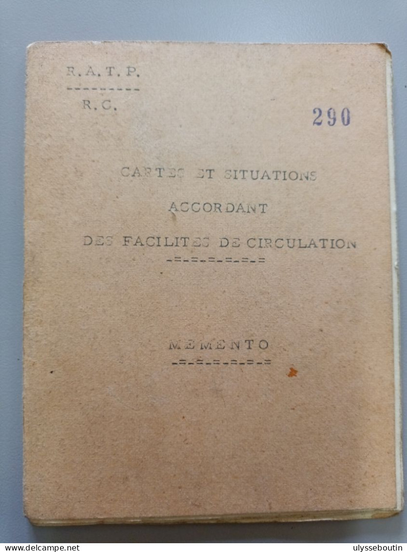 R.A.T.P Mémento Des Cartes Et Situation De Facilité De Circulation Année 60 - Autres & Non Classés