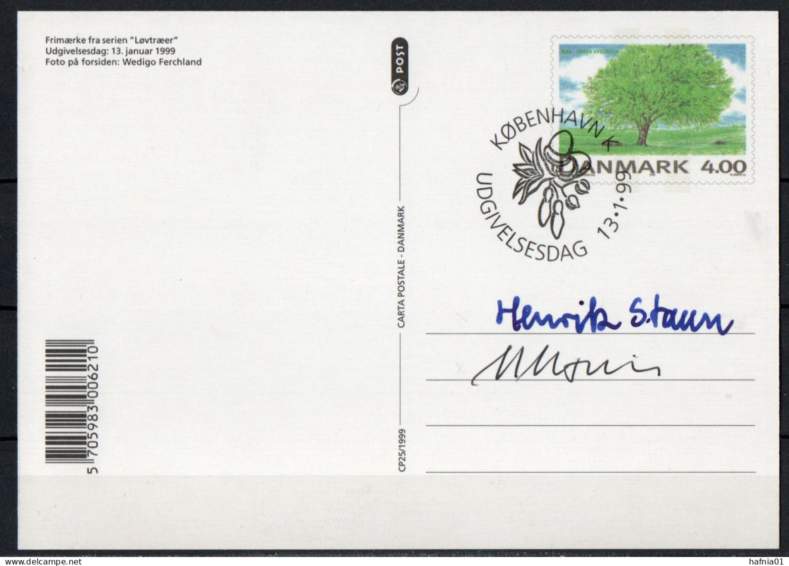 Martin Mörck. Denmark 1999. Native Trees. Michel 1199 Prestamped Card. Signed. - FDC