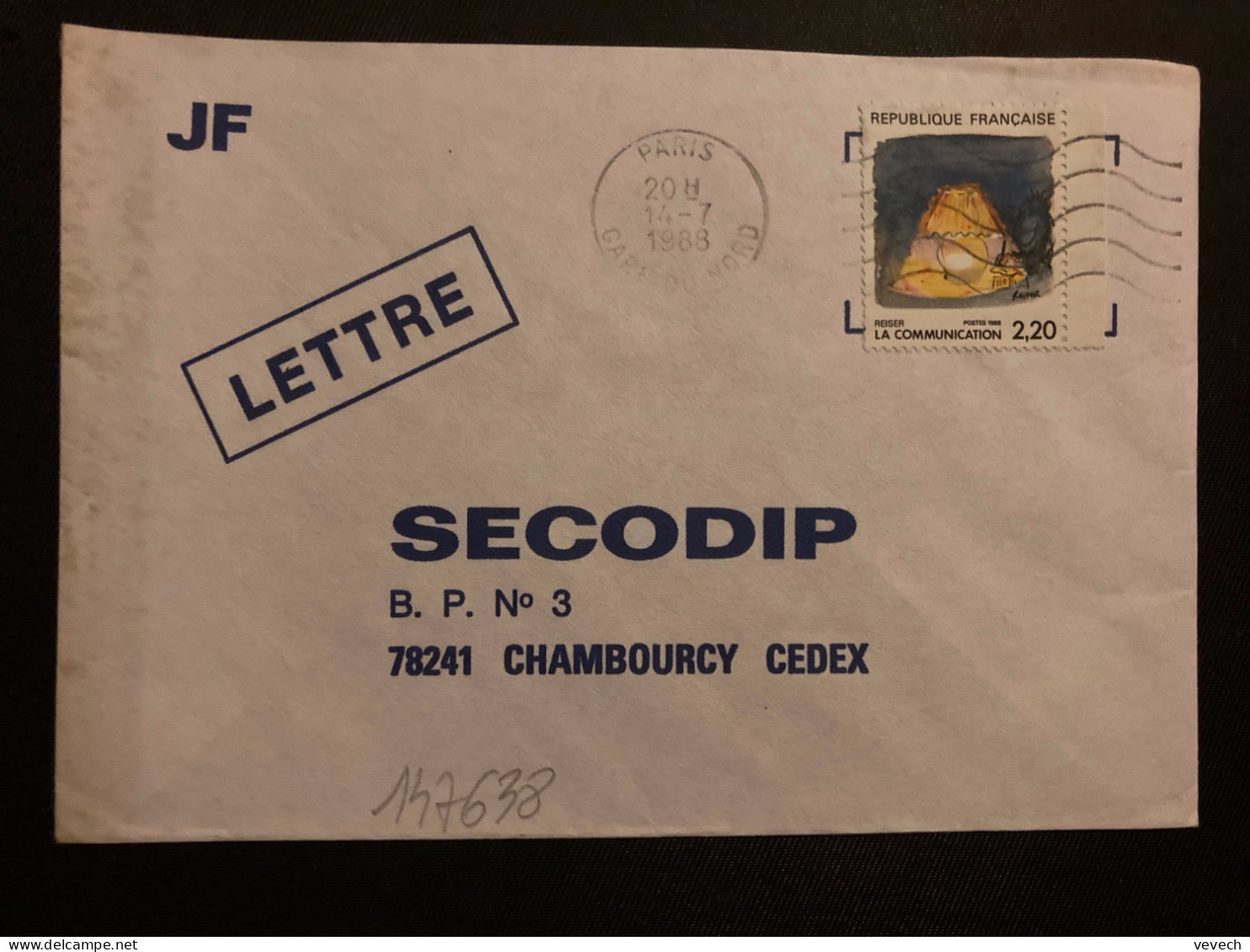 LETTRE TP YT 2504 LA COMMUNICATION 2,20 OBL.MEC.14-7 1988 PARIS GARE DU NORD - Brieven En Documenten