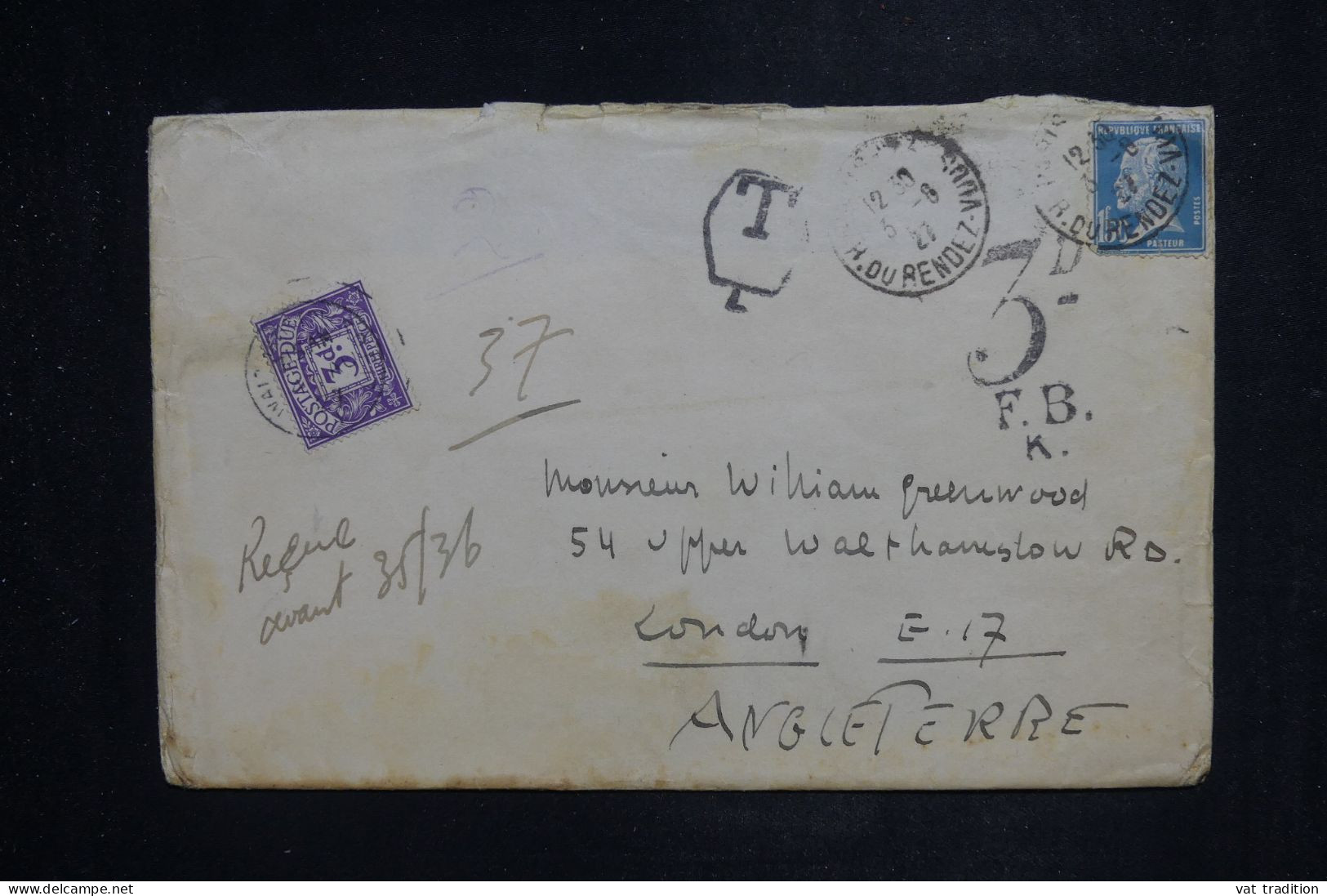 ROYAUME UNI  - Taxe De Londres Sur Enveloppe De France En 1927 -  L 151080 - Postage Due