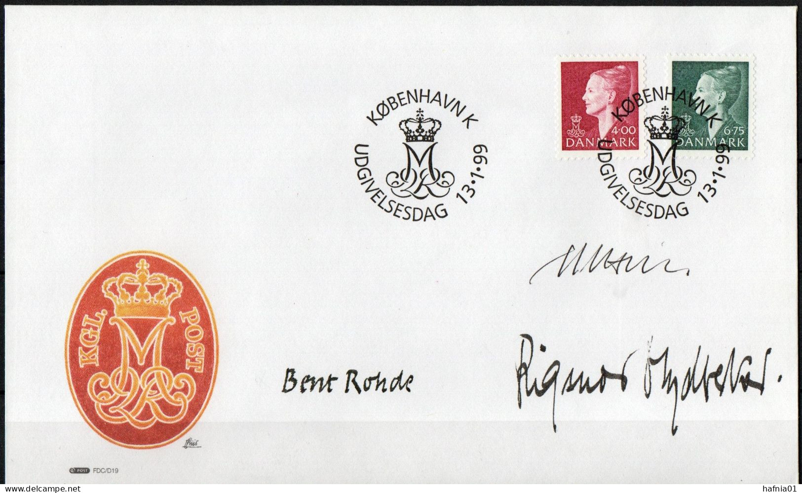 Martin Mörck. Denmark 1999. Queen Margrethe II. Michel 1205 - 1206 FDC. Signed. - FDC