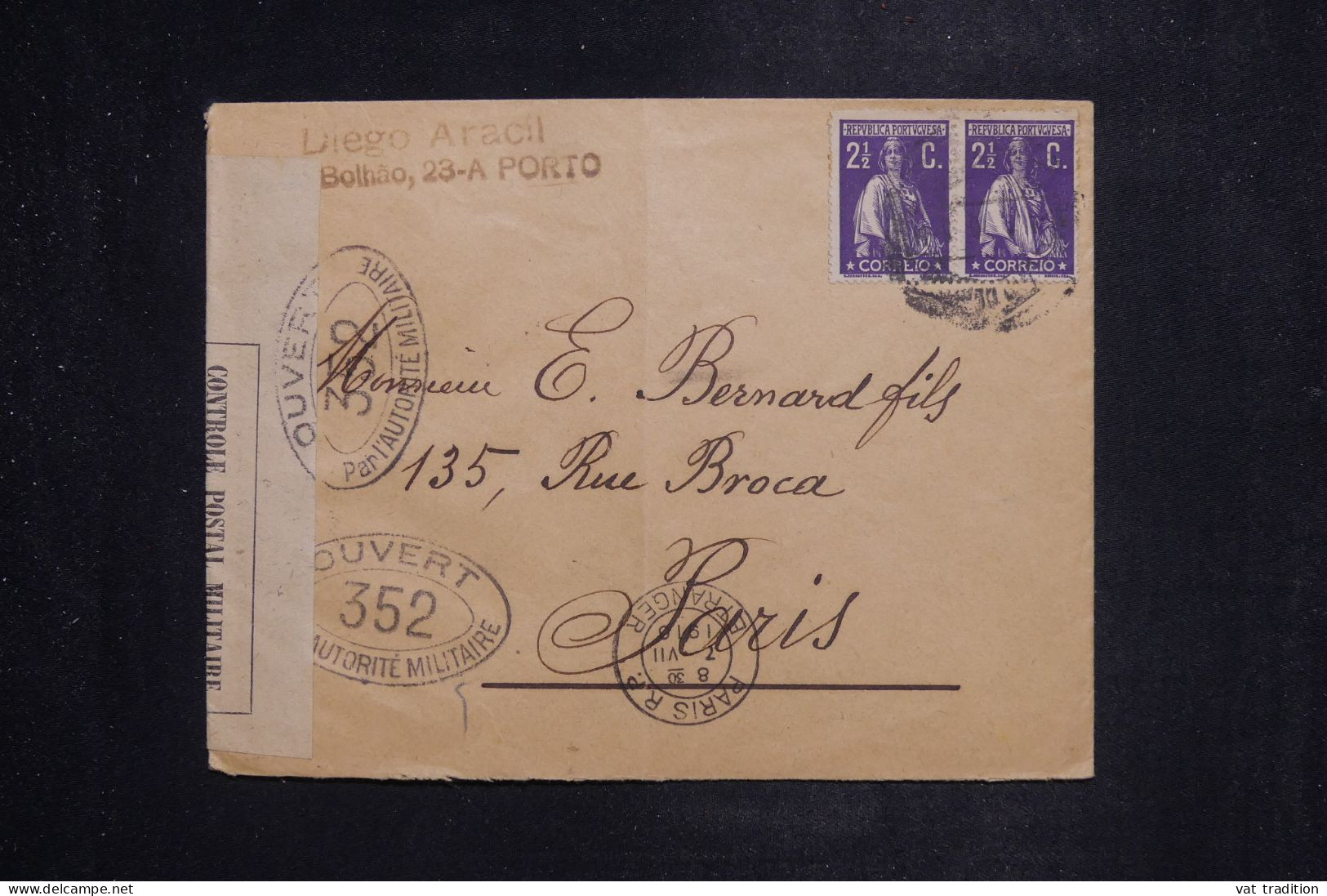 PORTUGAL - Enveloppe De Porto Pour Paris En 1918 Avec Contrôle Postal  -  L 151082 - Lettres & Documents