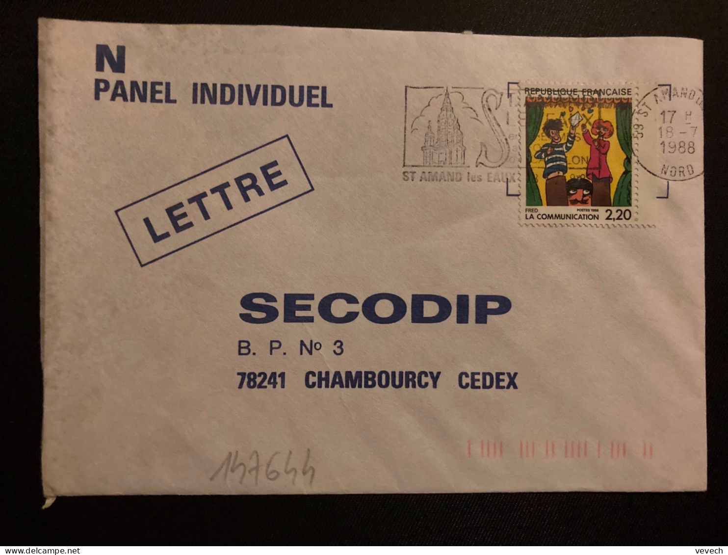 LETTRE TP YT 2506 LA COMMUNICATION 2,20 OBL.MEC.18-7 1988 59 ST AMAND LES EAUX NORD - Brieven En Documenten