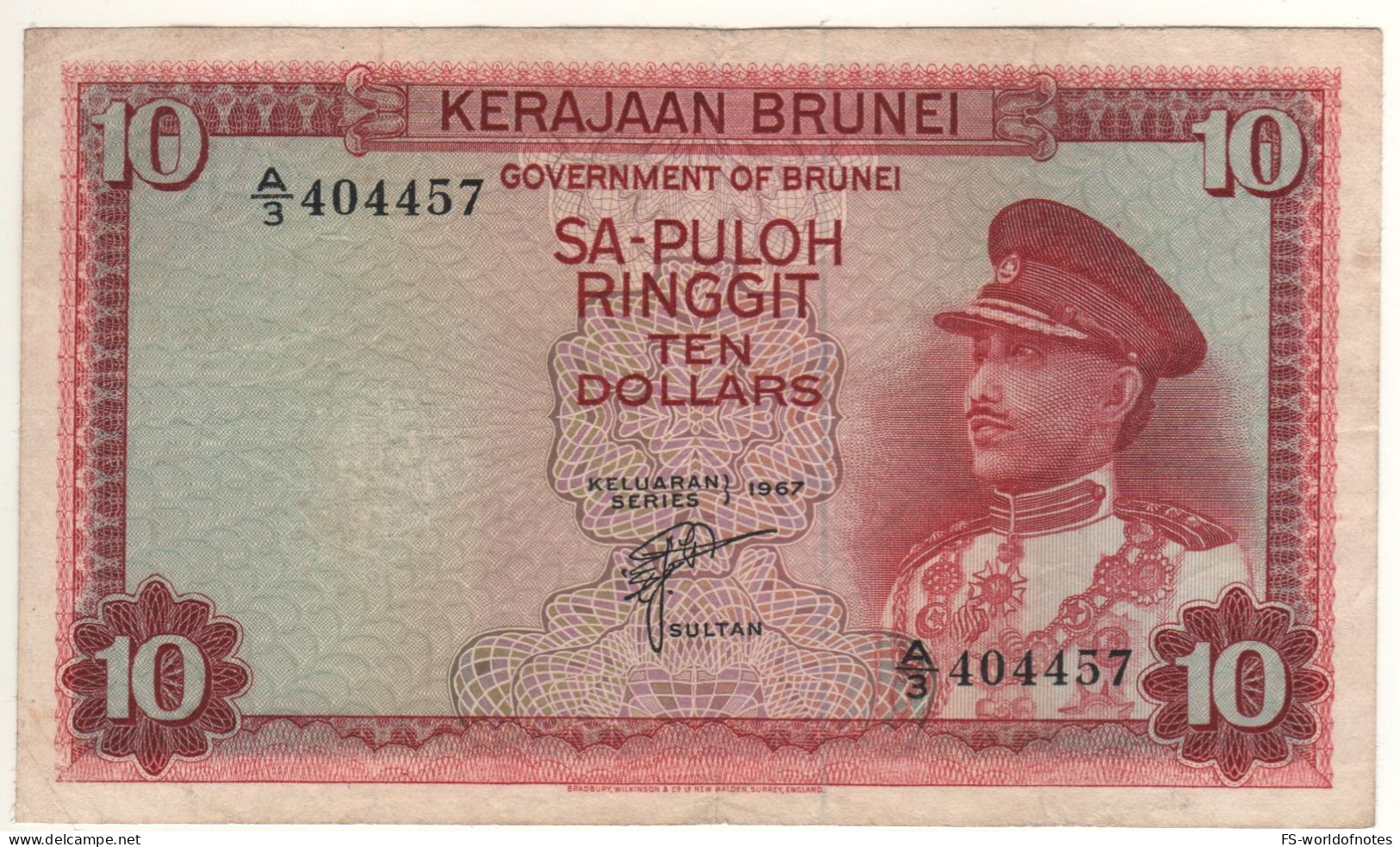 BRUNEI  10 Dollars  P3a   Dated  1967     (  Sultan Omar Ali Saifuddin III + Mosque At Back ) - Brunei