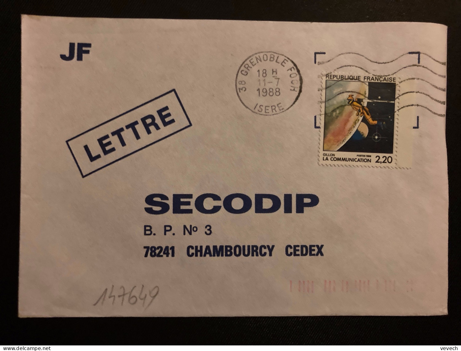 LETTRE TP YT 2508 LA COMMUNICATION GILLON 2,20 OBL.MEC.11-7 1988 38 GRENOBLE FOCH ISERE - Lettres & Documents