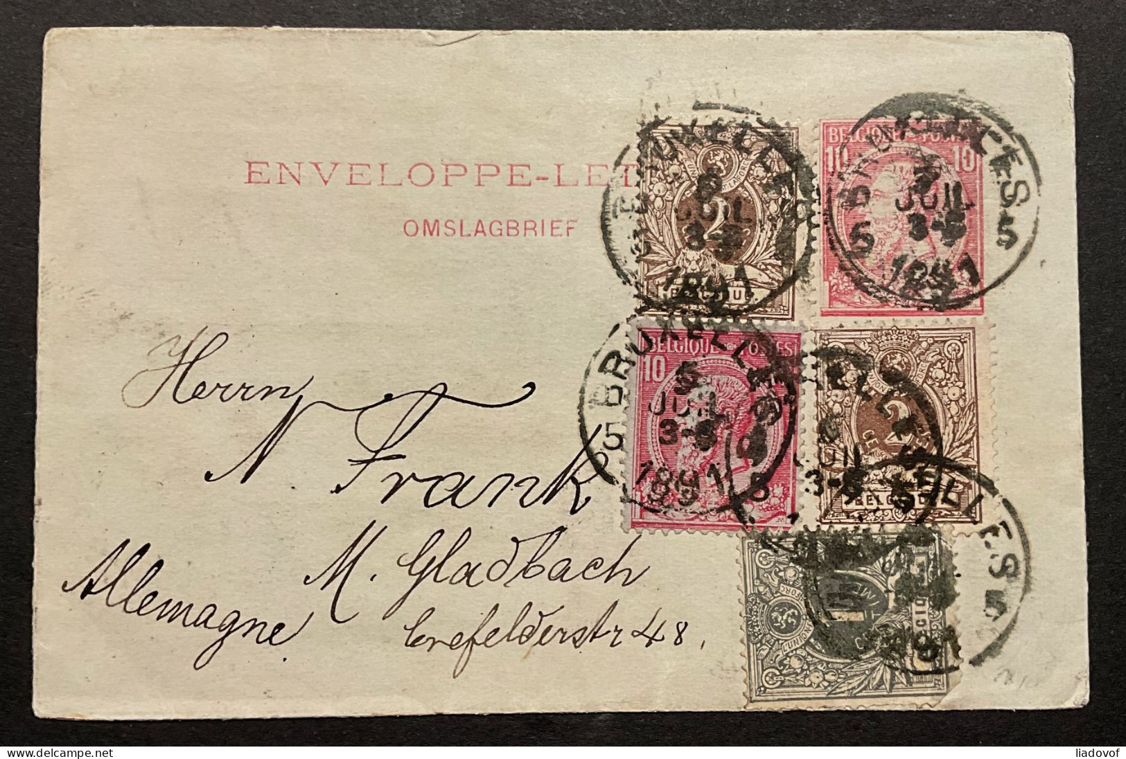 Enveloppe-Lettre 10c + Affr. OBP 43 + 44 (x2) BRUXLLES 5 > Munchen Gladbach (DE) - Combinaison Pas Fréquent - 1884-1891 Leopold II.