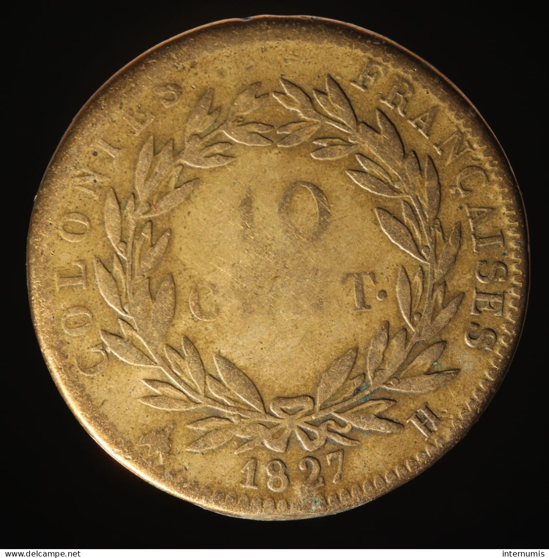  France, Charles X, 10 Centimes, 1827, La Rochelle, Bronze, TB (F),
KM#11.2, Lec.305 - Colonies Générales (1817-1844)