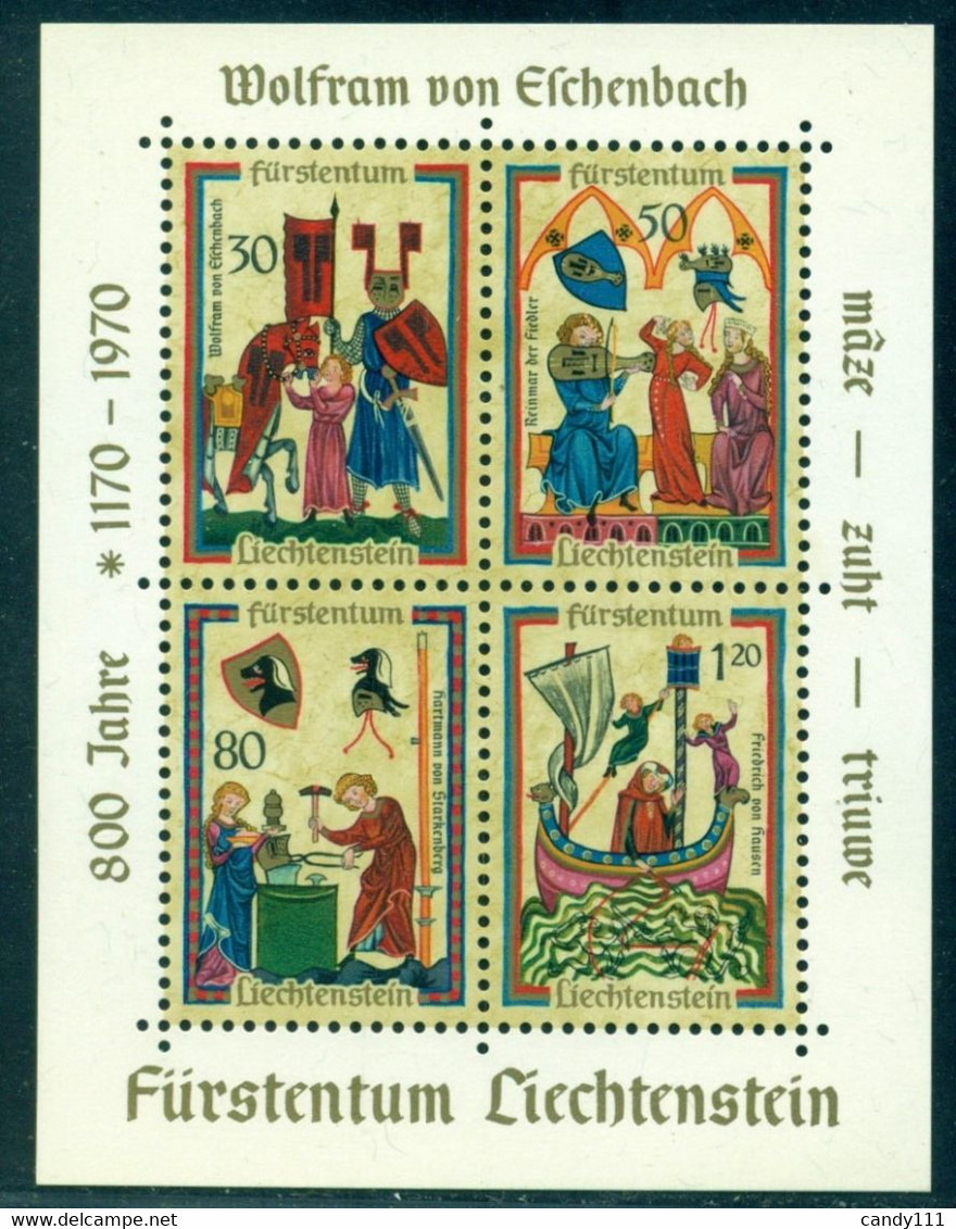 1970 Minnesingers, The Codex Manesse,Knight,violin,blacksmith,ship,Liechtenstein,Mi.Bl.8,MNH - Muziek