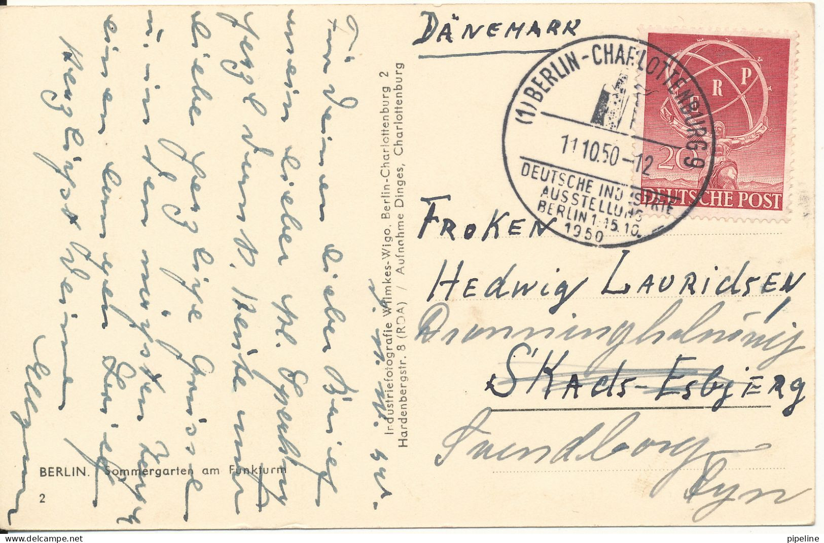 Germany Postcard Sent To Denmark Berlin Charlottenburg 11-10-1950 Sommergarten Am Funkturm Special Postmark - Charlottenburg