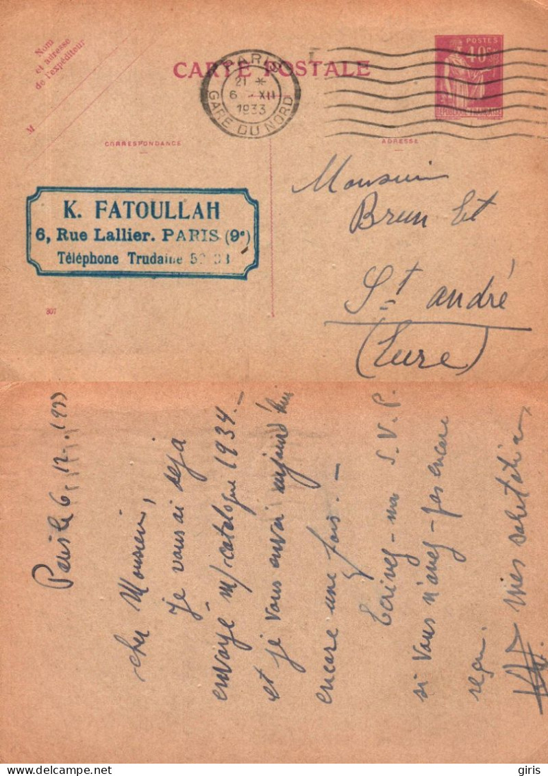 France - Obl Paris Gare Du Nord 1933 - Sur Entier Postal Type Paix 40c Lilas - Repiquage K.Fatoullah Paris 9eme - Cartes Postales Repiquages (avant 1995)