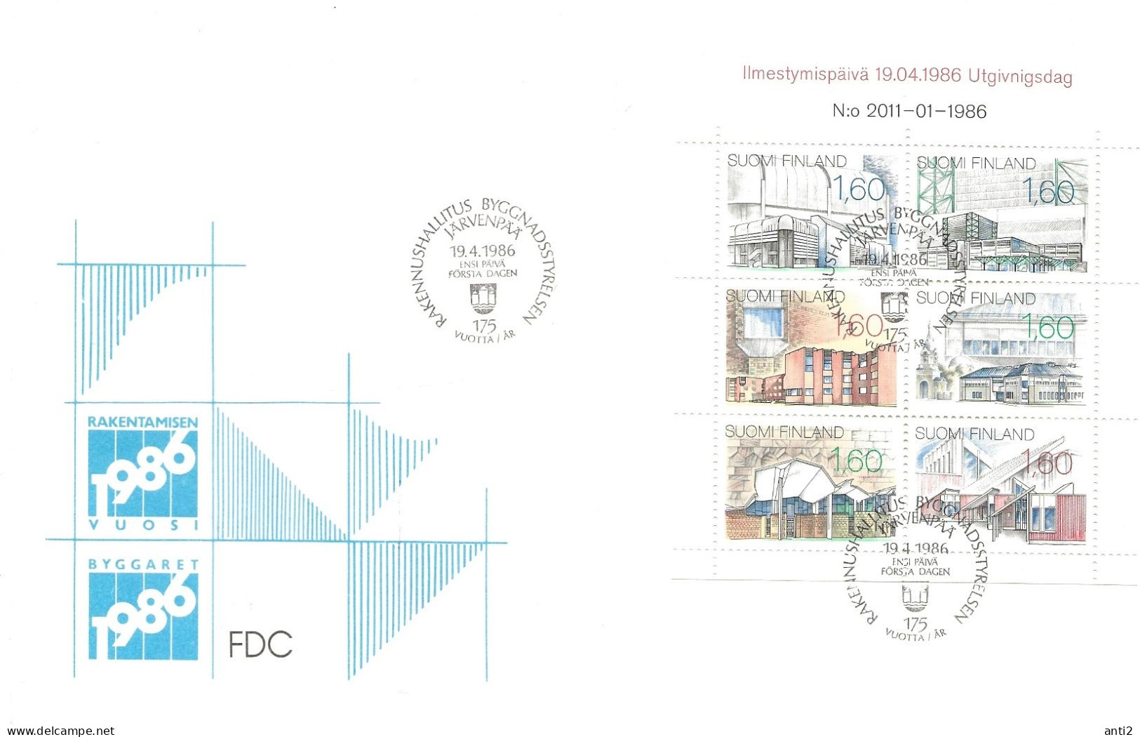 Finland   1986  Architecture (III): Modern Public Buildings, Mi 987-992    FDC - Briefe U. Dokumente