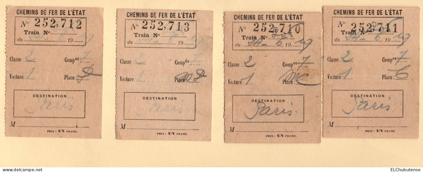 Billets De Trains Chemins De Fer De L'État - Le Havre à Paris - 1919 - Chemin De Fer